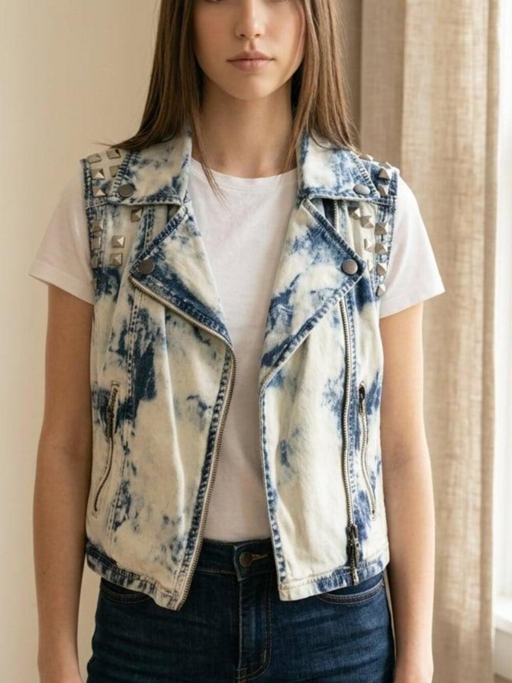Bullhead Denim Co. Acid Wash Studded Sleeveless Motorcycle Vest-Small